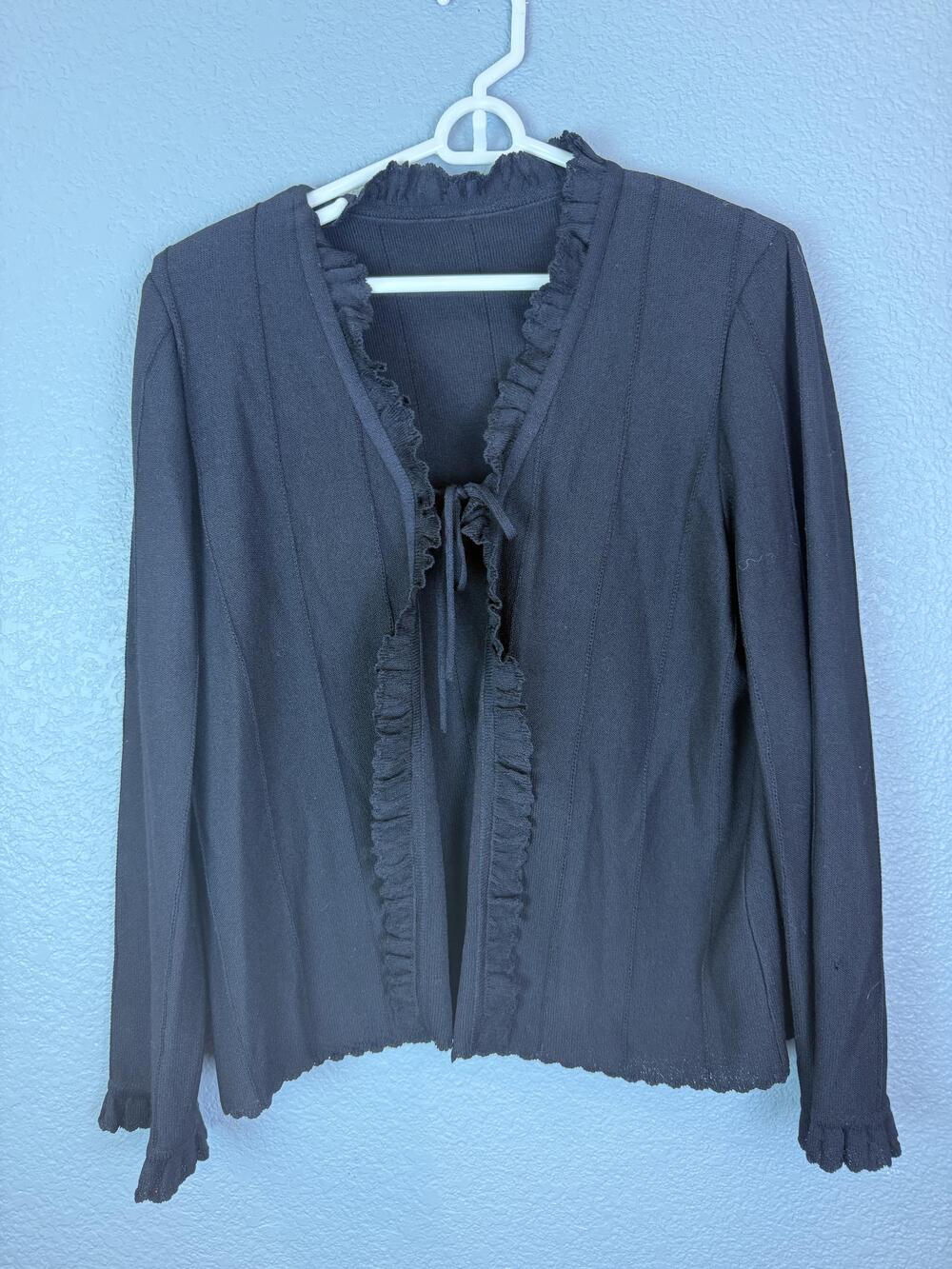 St John Sweater Womens Medium Black Santana Knit Ruffle Trim Open Cardigan FA07